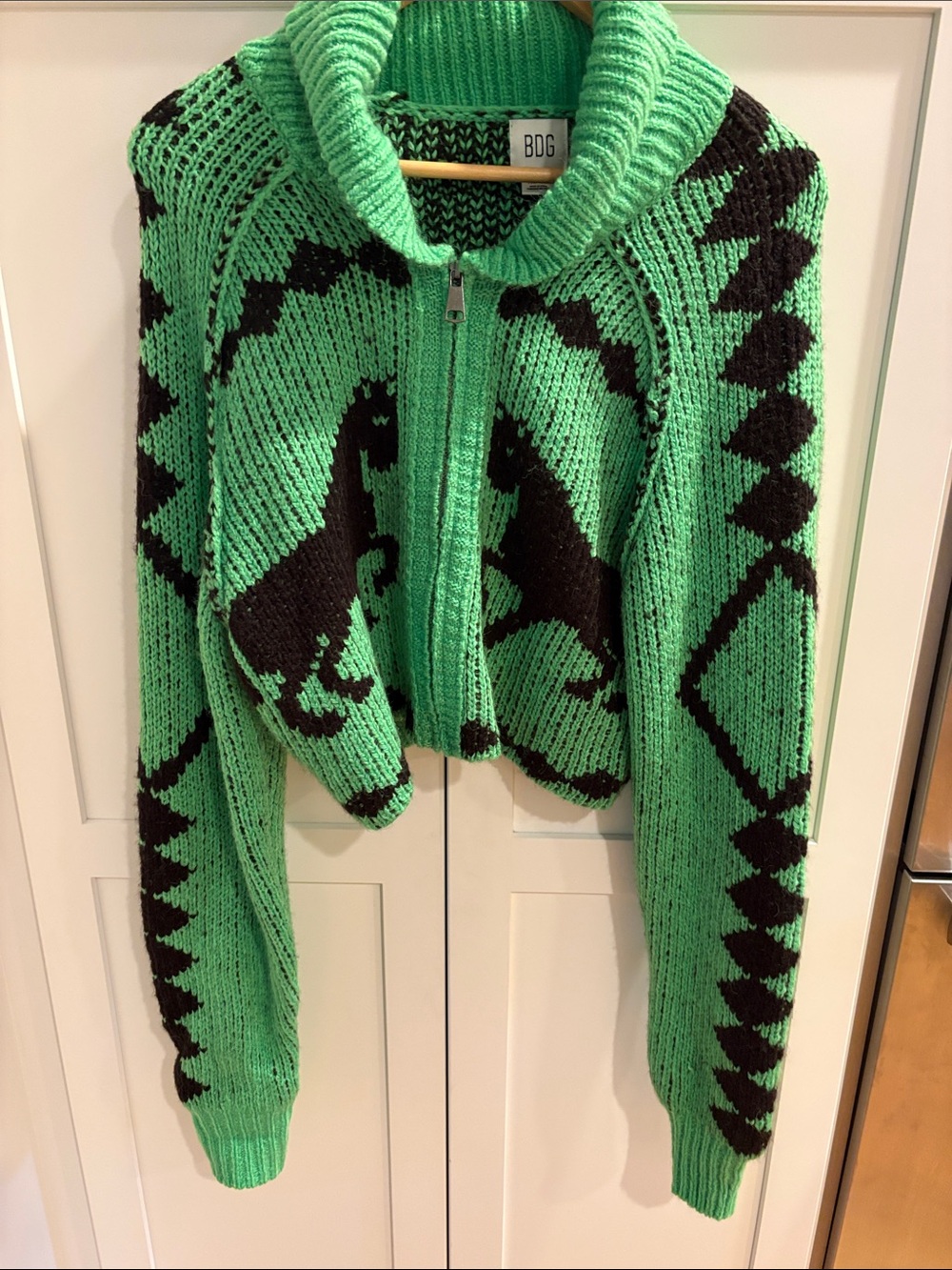 BDG Mint Green and Black Zip-Up Cropped Knit Cardigan
